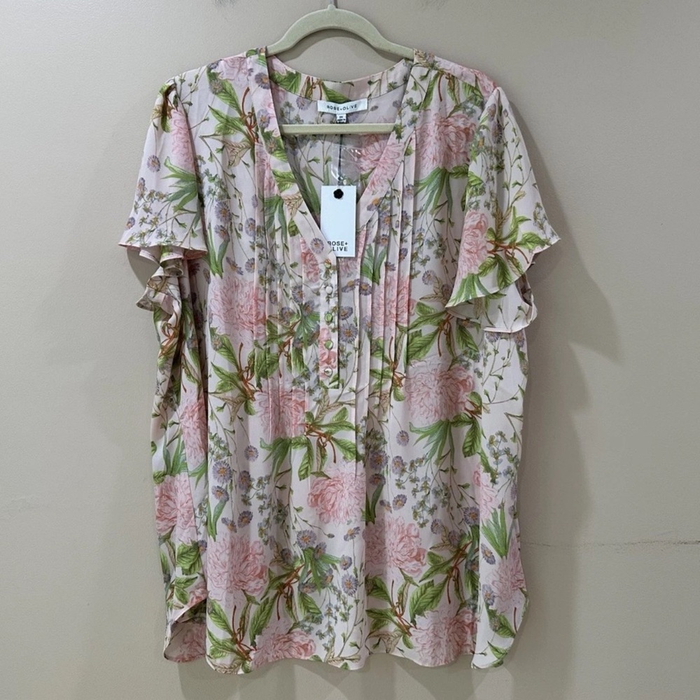 NWT Rose + Olive Pink Floral Chiffon Tunic Blouse Button Up Women's Plus 1X
